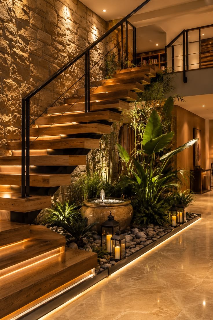 Luxury Floating Wooden Staircase with Indoor Zen Garden